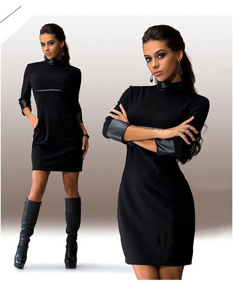 Women PU Patchwork Dress Mini Party Dress Autumn Sheath Pencil Dresses Ukraine Package Hip Tshirt With Pockets
