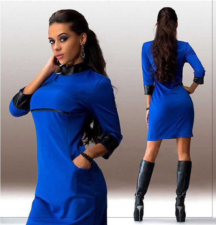 Women PU Patchwork Dress Mini Party Dress Autumn Sheath Pencil Dresses Ukraine Package Hip Tshirt With Pockets