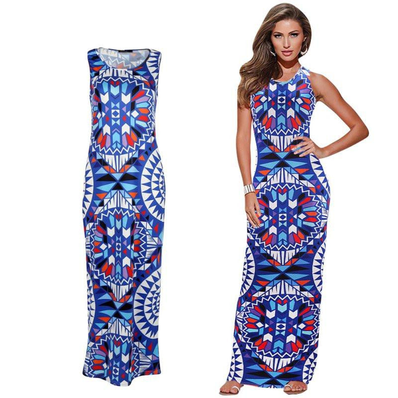 Women Summer Maxi Dress Bodycon Party Dresses Plus Size Printed Vestidos Sundress Sleeveless Dashiki Boho Long Dress HY074