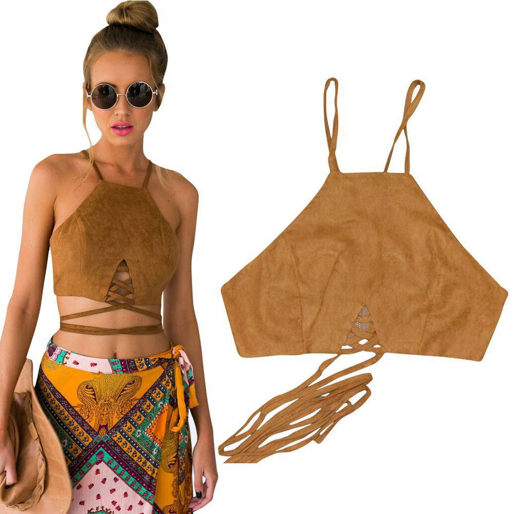 Online discount shop Australia - Brown Faux Leather Suede Tank Top Sexy Lace Up Camis Women Tops Slim Cami Party Crop Top Fall Vest