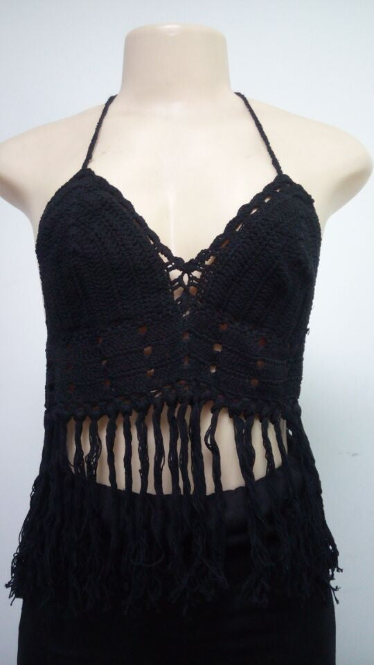 Online discount shop Australia - Lace crochet top   style fringe tops bralette sexy crop top tassel knitted camis fitness women top strappy bra