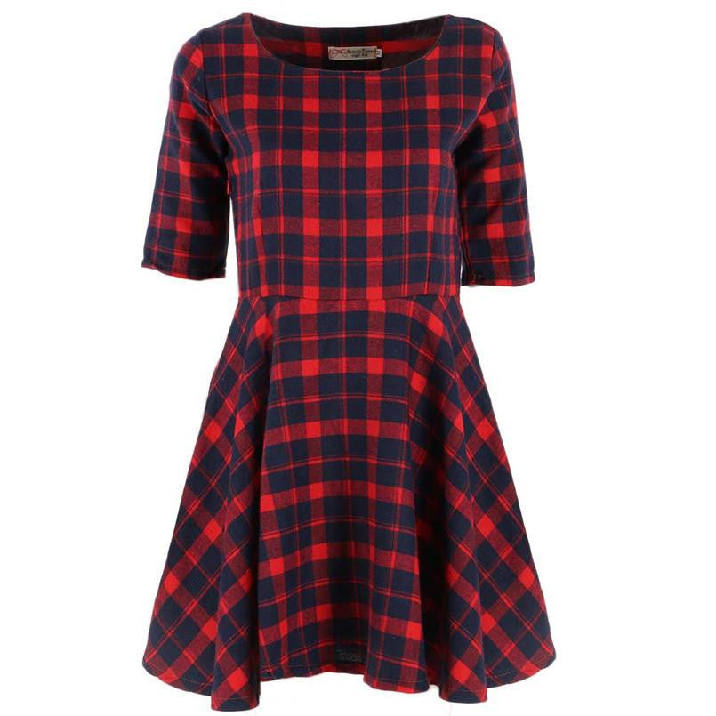 Women Red Plaid Dress Round Neck Summer Half Sleeve Fashion Mini Dresses Vestidos Y2