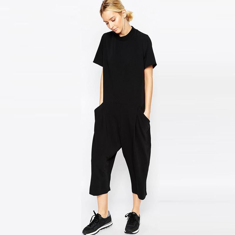Women Jumpsuit Side Pocket Loose Fitting Short Sleeve Calf Length Black Jumpsuits
