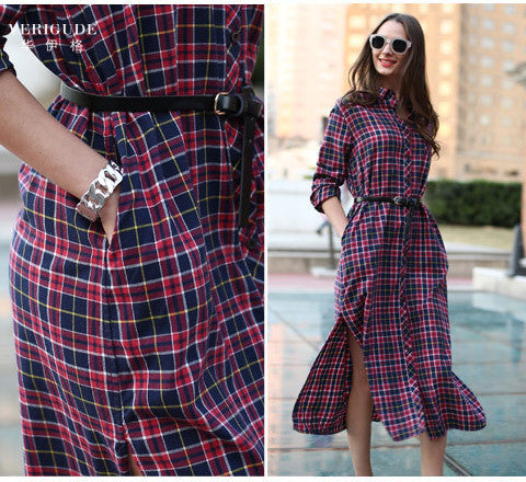 Online discount shop Australia - Long Plaid Shirt Dress Long Sleeve Women Cotton Long Shirtdress for Autumn Side Slit Women's dress plus size S-XXL