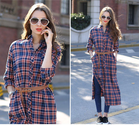 Online discount shop Australia - Long Plaid Shirt Dress Long Sleeve Women Cotton Long Shirtdress for Autumn Side Slit Women's dress plus size S-XXL