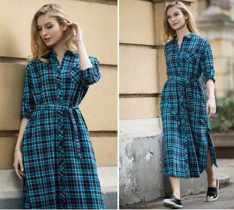Online discount shop Australia - Long Plaid Shirt Dress Long Sleeve Women Cotton Long Shirtdress for Autumn Side Slit Women's dress plus size S-XXL