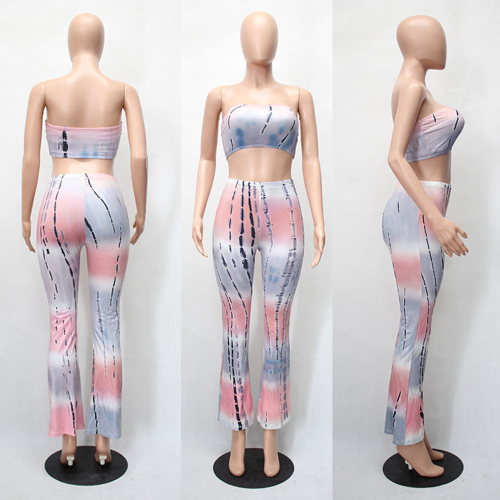 Online discount shop Australia - European and American Style Gradient Tie Dye Flare Pants for Women High Waist Wide Leg Long Trousers with Short Tops