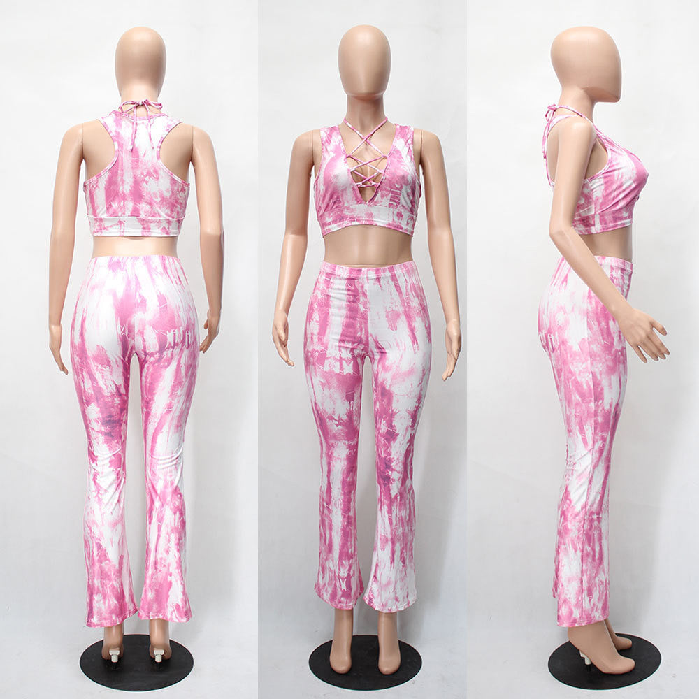 Online discount shop Australia - European and American Style Gradient Tie Dye Flare Pants for Women High Waist Wide Leg Long Trousers with Short Tops