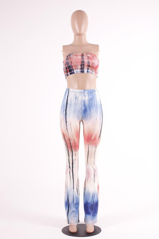 Online discount shop Australia - European and American Style Gradient Tie Dye Flare Pants for Women High Waist Wide Leg Long Trousers with Short Tops
