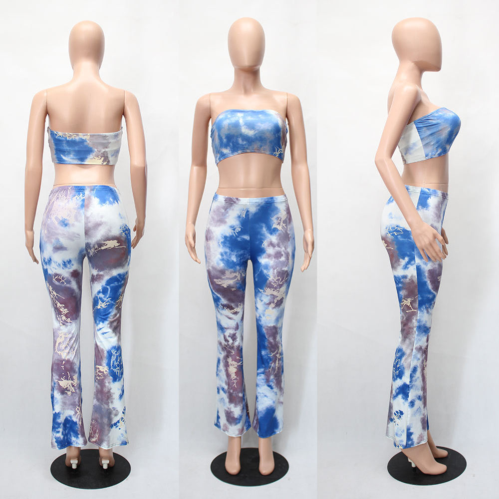 Online discount shop Australia - European and American Style Gradient Tie Dye Flare Pants for Women High Waist Wide Leg Long Trousers with Short Tops
