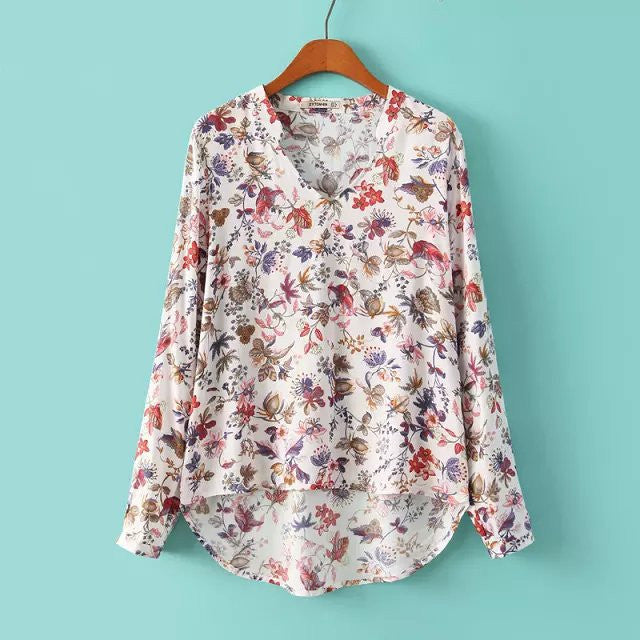 Women Vintage Floral Prints Long Sleeve V Neck Shirt OL Style Cotton Blouses Plus Size