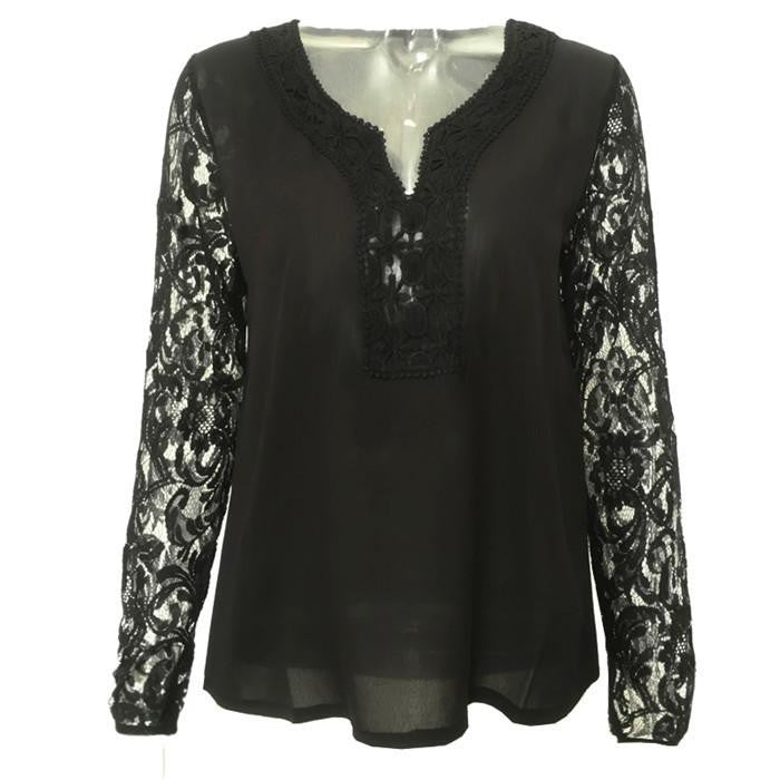 Women Lace Chiffon Tops Long sleeve V neck Blouse Vintage women clothes Plus Size