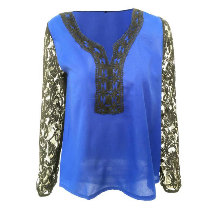 Women Lace Chiffon Tops Long sleeve V neck Blouse Vintage women clothes Plus Size