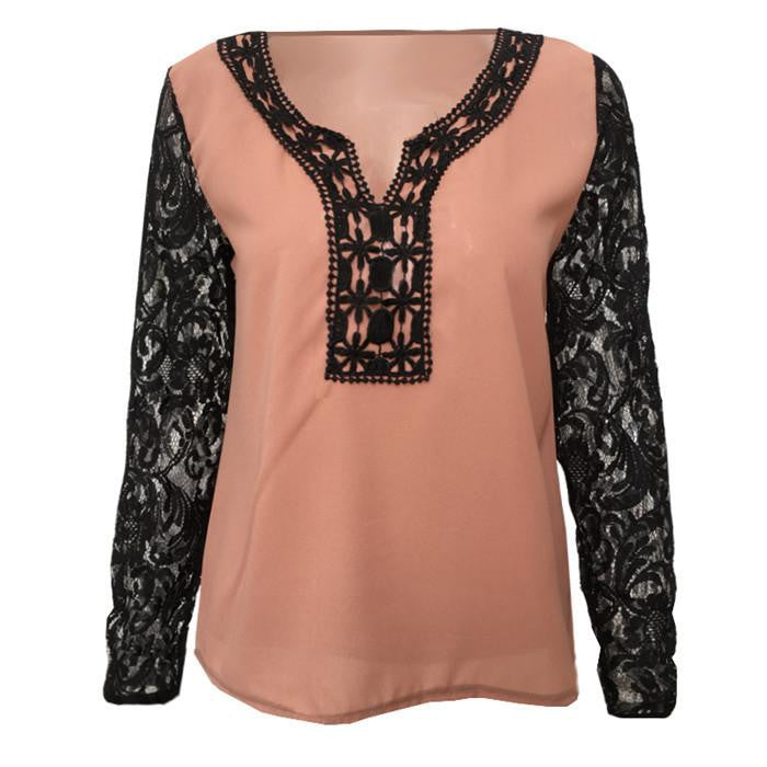 Women Lace Chiffon Tops Long sleeve V neck Blouse Vintage women clothes Plus Size