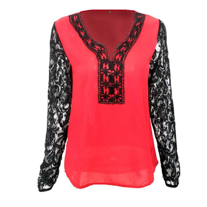 Women Lace Chiffon Tops Long sleeve V neck Blouse Vintage women clothes Plus Size