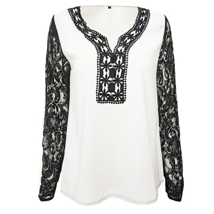 Women Lace Chiffon Tops Long sleeve V neck Blouse Vintage women clothes Plus Size
