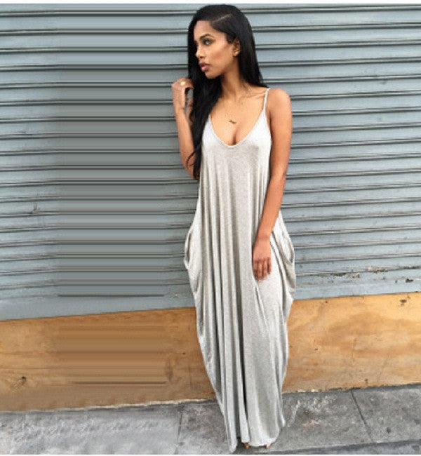 Online discount shop Australia - Fashion Summer Beach Dress women long dress Strapless Casual Loose Maxi Dress Sexy solid V-neck dress Plus Size PP943M