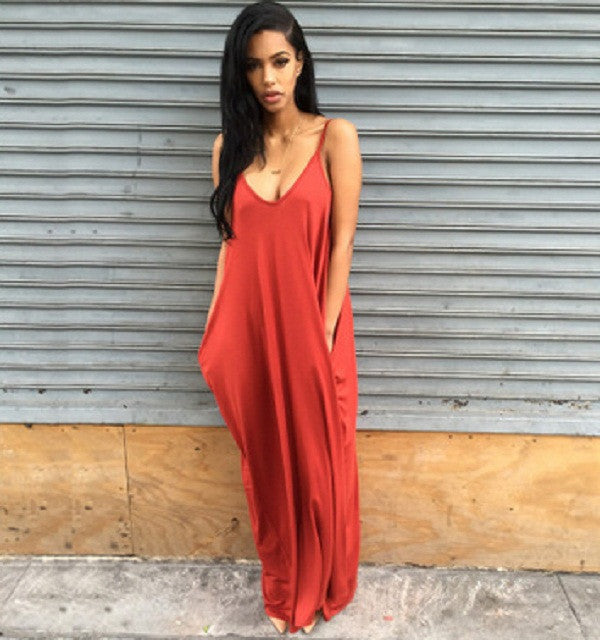 Online discount shop Australia - Fashion Summer Beach Dress women long dress Strapless Casual Loose Maxi Dress Sexy solid V-neck dress Plus Size PP943M