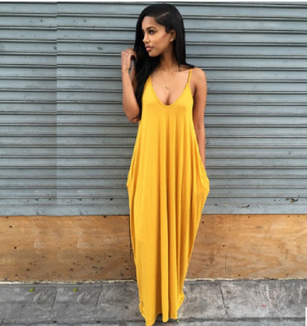 Online discount shop Australia - Fashion Summer Beach Dress women long dress Strapless Casual Loose Maxi Dress Sexy solid V-neck dress Plus Size PP943M