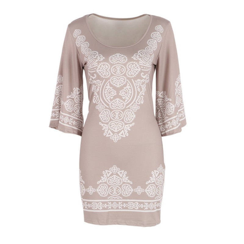 Retro Style Women Bodycon Dress Floral Printed 3/4 Sleeve Casual Mini Dresses Robe Femme LE3