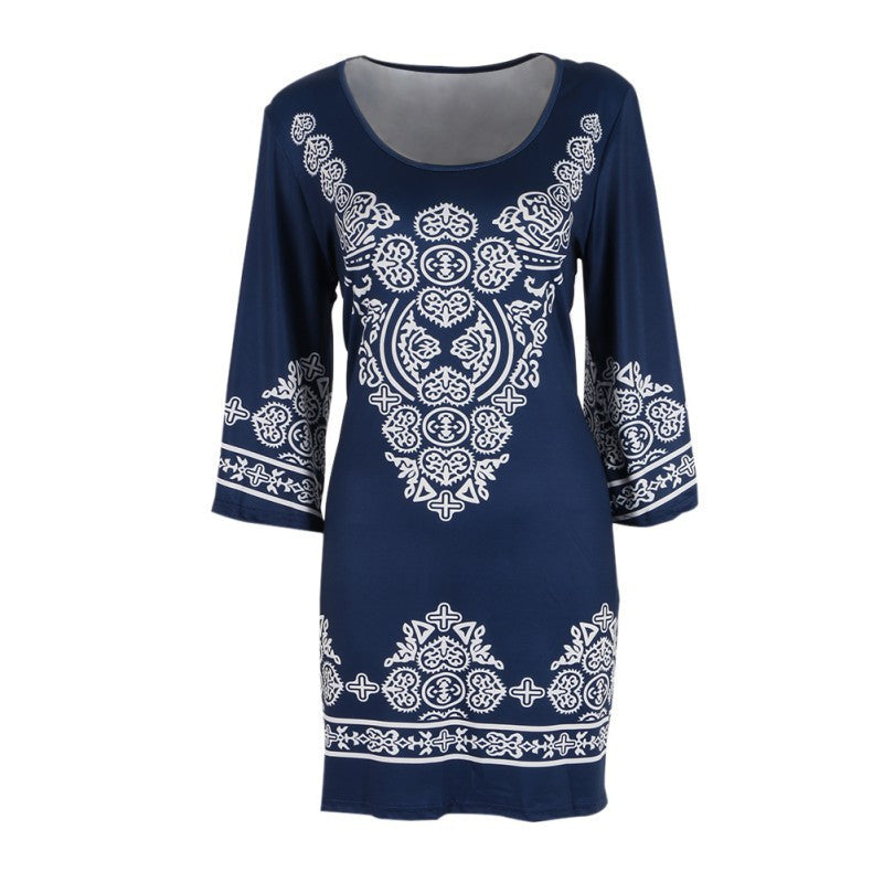 Retro Style Women Bodycon Dress Floral Printed 3/4 Sleeve Casual Mini Dresses Robe Femme LE3
