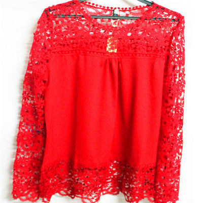 Online discount shop Australia - 5XL push size Women Chiffon Blouses Fashion Lace long Sleeve Shirt Crochet Tops XXXL