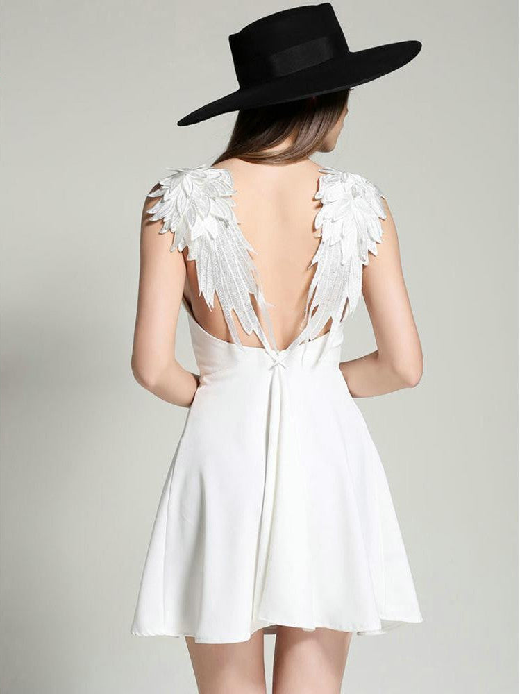 Online discount shop Australia - 2 Colors Feather Spaghetti Strap Backless Mini Skater Dress Sleeveless Casual Sexy Clubwear Party Dresses Summer Women