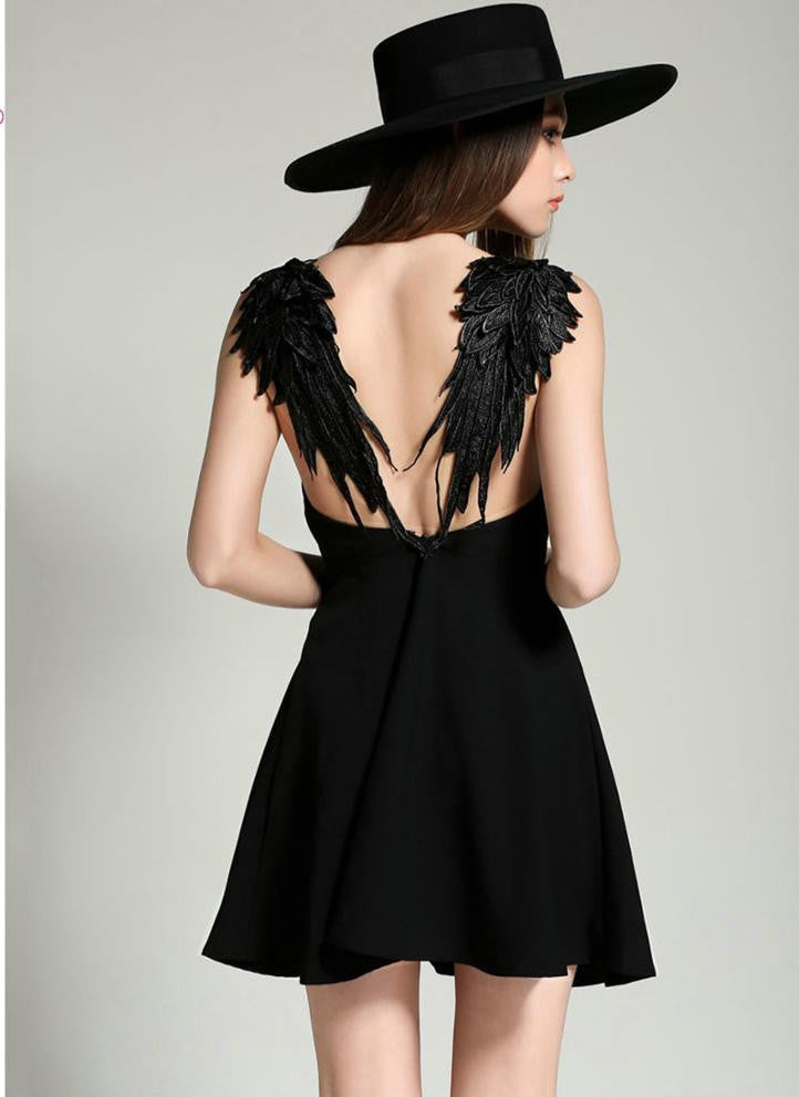 Online discount shop Australia - 2 Colors Feather Spaghetti Strap Backless Mini Skater Dress Sleeveless Casual Sexy Clubwear Party Dresses Summer Women