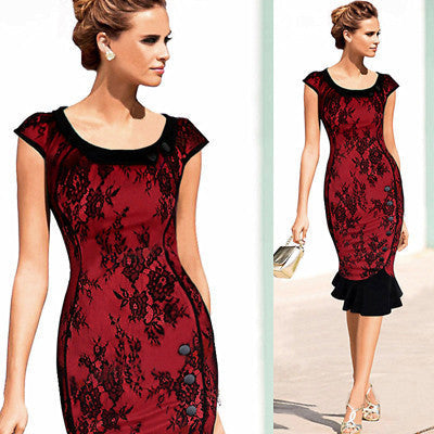 Womens Vintage Elegant Formal Lace Button Patchwork Tunic Wear To Work Party Mermaid Midi Pencil Wiggle Bodycon Dress
