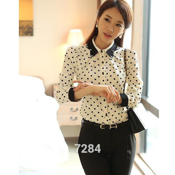 Women Chiffon Lapel Polka Dots Blouse OL Slim Shirt S-XL