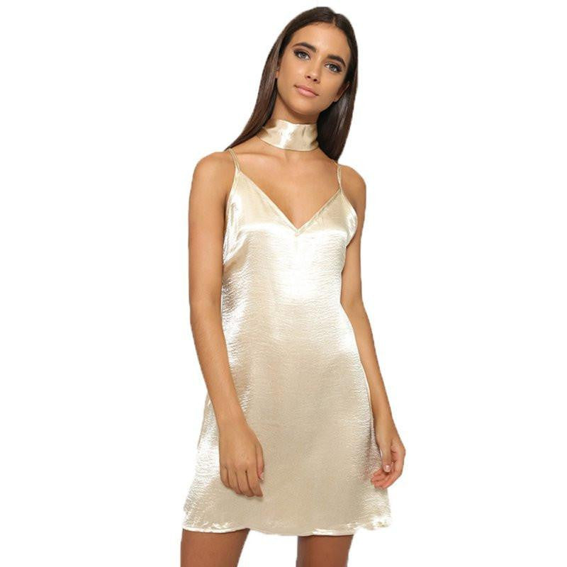 Women Shinning A-Line Dresses Deep V Neck Back Criss Cross Choker Neck Silk Satin Slip Dress Party Vestidos