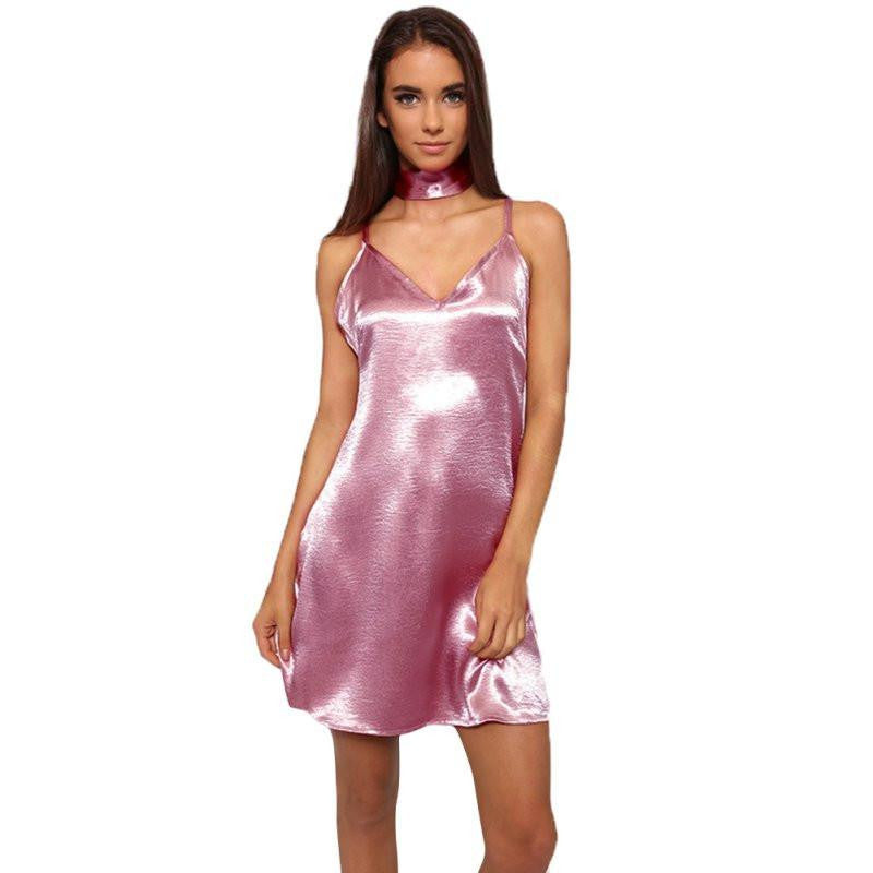 Women Shinning A-Line Dresses Deep V Neck Back Criss Cross Choker Neck Silk Satin Slip Dress Party Vestidos