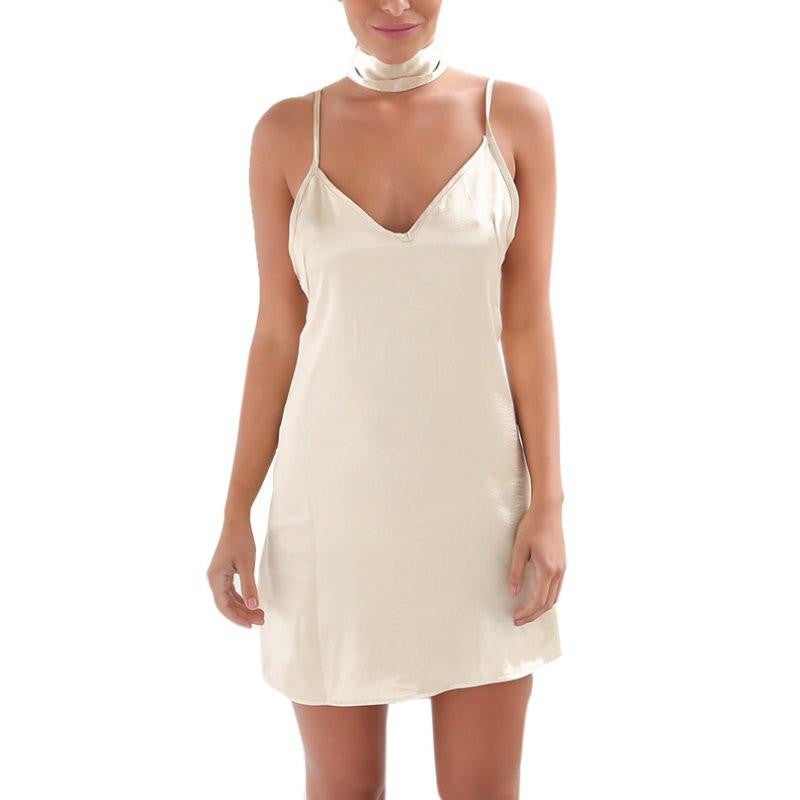 Women Shinning A-Line Dresses Deep V Neck Back Criss Cross Choker Neck Silk Satin Slip Dress Party Vestidos