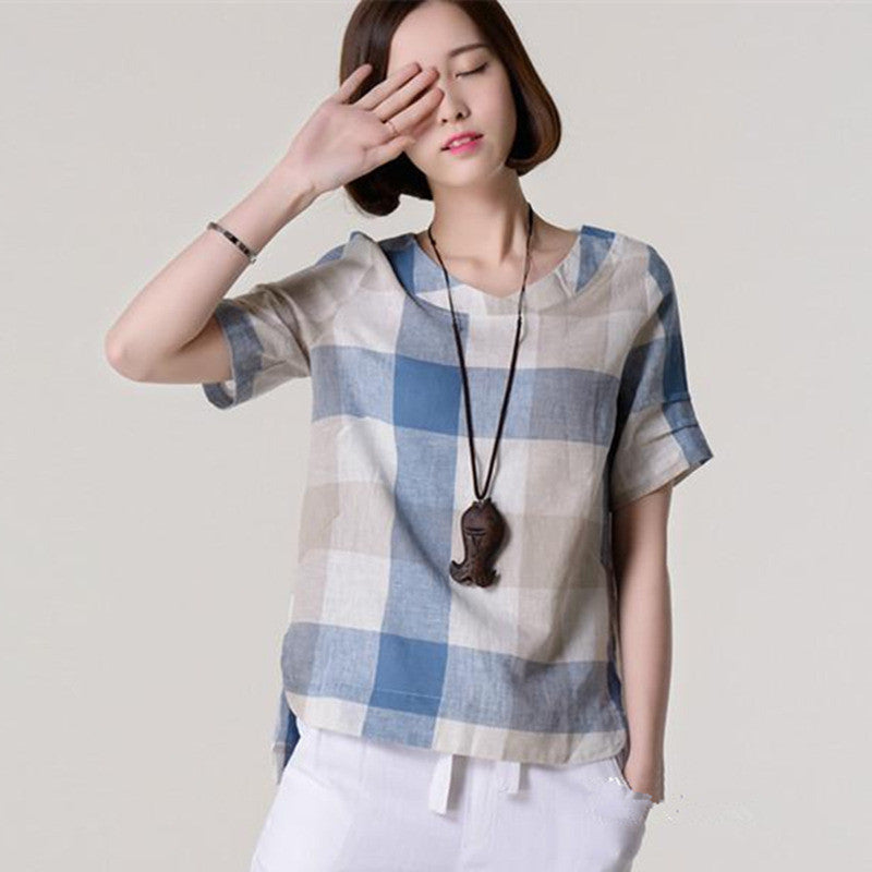 Online discount shop Australia - New  kimono Casual Women Blouses Plus Size Loose linen Cotton Plaid Shirt round Neck  Women tops