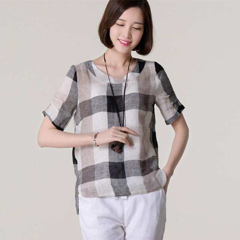 Online discount shop Australia - New  kimono Casual Women Blouses Plus Size Loose linen Cotton Plaid Shirt round Neck  Women tops