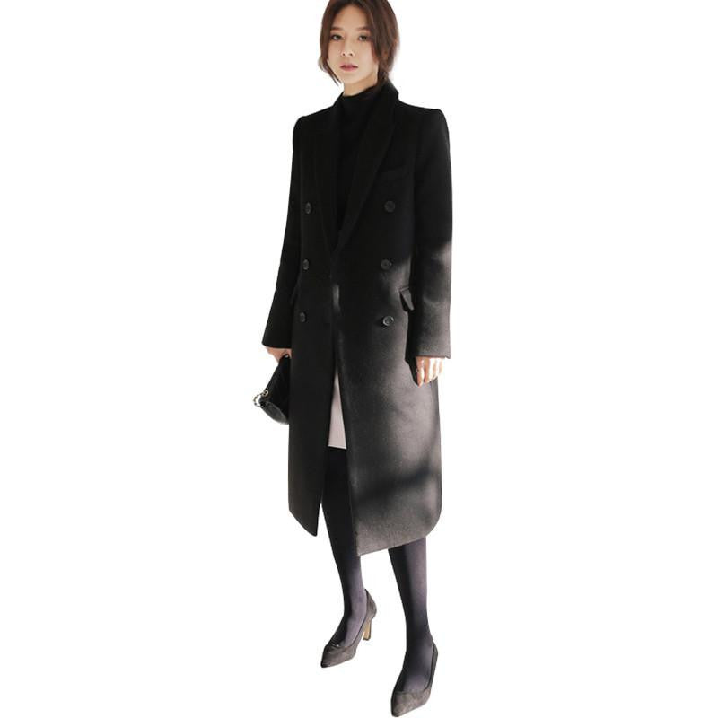 Women's Long Wool Blends Fashion Korean Style Slim Blue Khaki Black Woolen Outweare Coats Coat Women