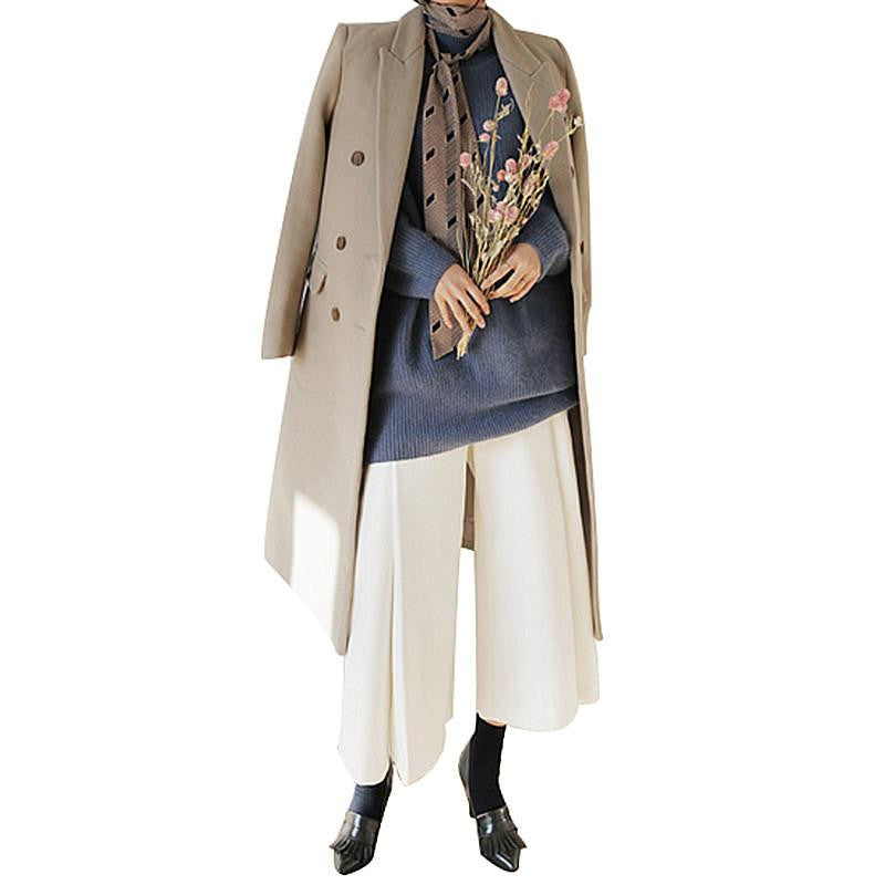 Women's Long Wool Blends Fashion Korean Style Slim Blue Khaki Black Woolen Outweare Coats Coat Women