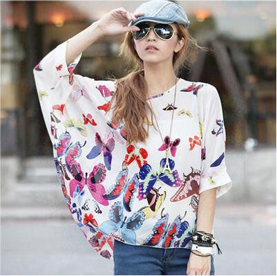 Online discount shop Australia - Blouse Shirt New Style Women Chiffon Tops Plus Size Women's Batwing Sleeve Print Casual Shirts