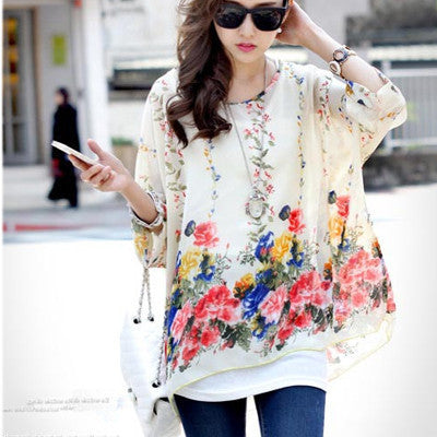 Online discount shop Australia - Blouse Shirt New Style Women Chiffon Tops Plus Size Women's Batwing Sleeve Print Casual Shirts