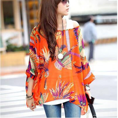 Online discount shop Australia - Blouse Shirt New Style Women Chiffon Tops Plus Size Women's Batwing Sleeve Print Casual Shirts