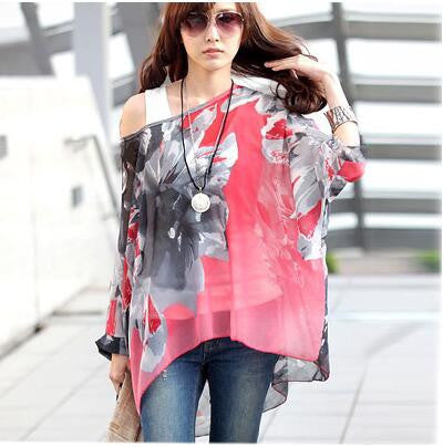 Online discount shop Australia - Blouse Shirt New Style Women Chiffon Tops Plus Size Women's Batwing Sleeve Print Casual Shirts