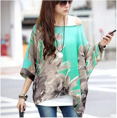 Online discount shop Australia - Blouse Shirt New Style Women Chiffon Tops Plus Size Women's Batwing Sleeve Print Casual Shirts