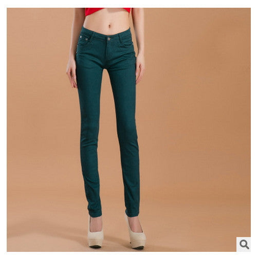 Online discount shop Australia - female slim show thin candycolor pencil denim pants / women's solid color casual carry buttock jeans