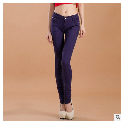 Online discount shop Australia - female slim show thin candycolor pencil denim pants / women's solid color casual carry buttock jeans