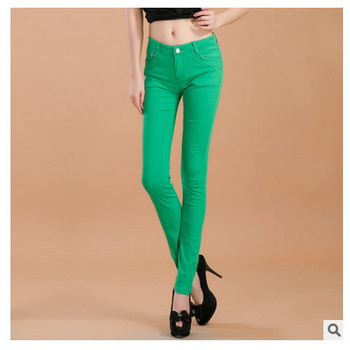 Online discount shop Australia - female slim show thin candycolor pencil denim pants / women's solid color casual carry buttock jeans