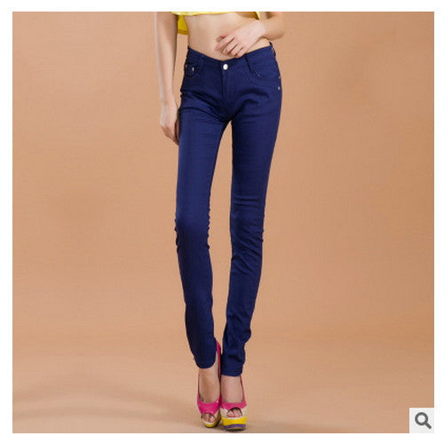Online discount shop Australia - female slim show thin candycolor pencil denim pants / women's solid color casual carry buttock jeans