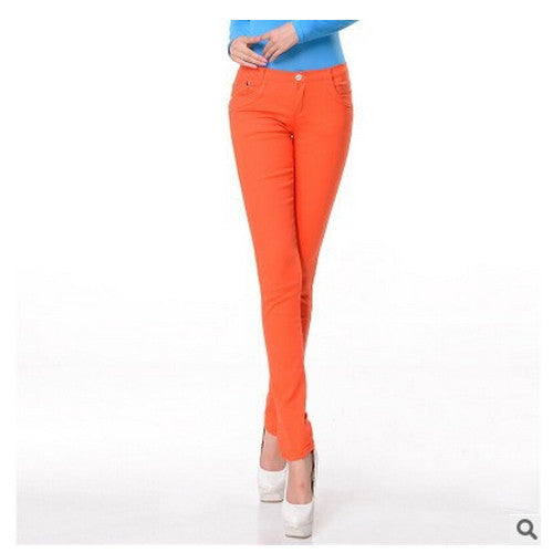 Online discount shop Australia - female slim show thin candycolor pencil denim pants / women's solid color casual carry buttock jeans