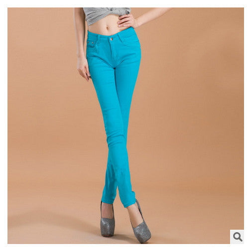 Online discount shop Australia - female slim show thin candycolor pencil denim pants / women's solid color casual carry buttock jeans