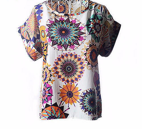 Online discount shop Australia - Colorful Apparel Print O-Neck Tropical Chiffon Women Blouses Short Batwing Sleeve Plus Size Shirt Body