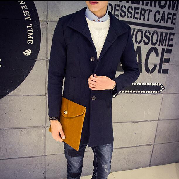 male winter stand collar single breasted brife slim Dust coat / men's solid color youyh pop plus velvet thick casual trench - CelebritystyleFashion.com.au online clothing shop australia
